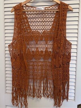 RoomMates Rust Crochet Fringe Vest
